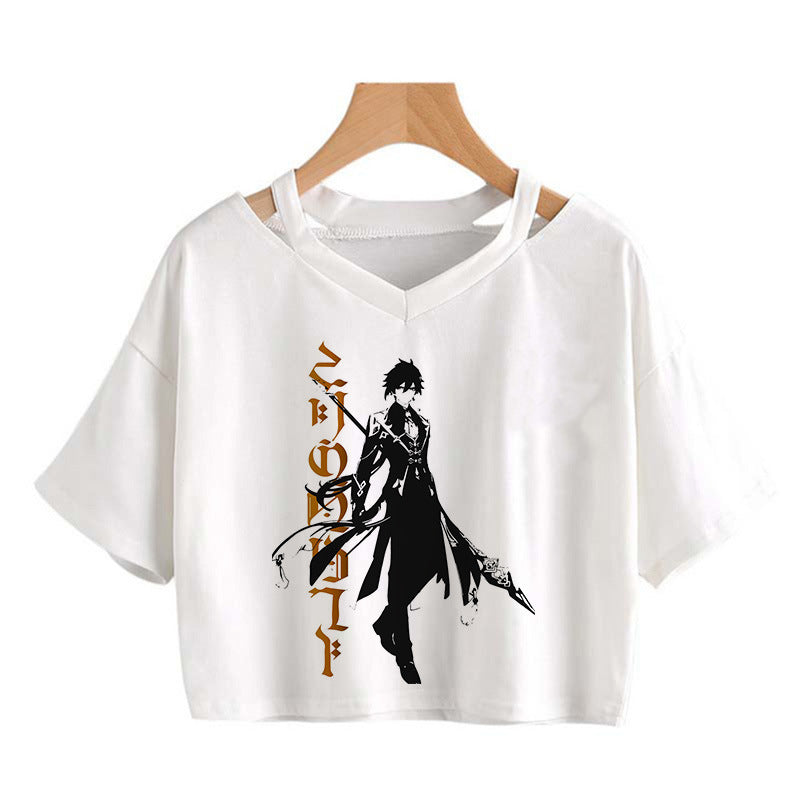 Cute Girls Hutao Game Print Cropped T-shirt