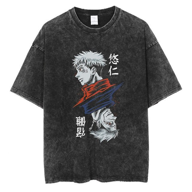 Men's Washed Retro Anime Print Cotton T-shirt