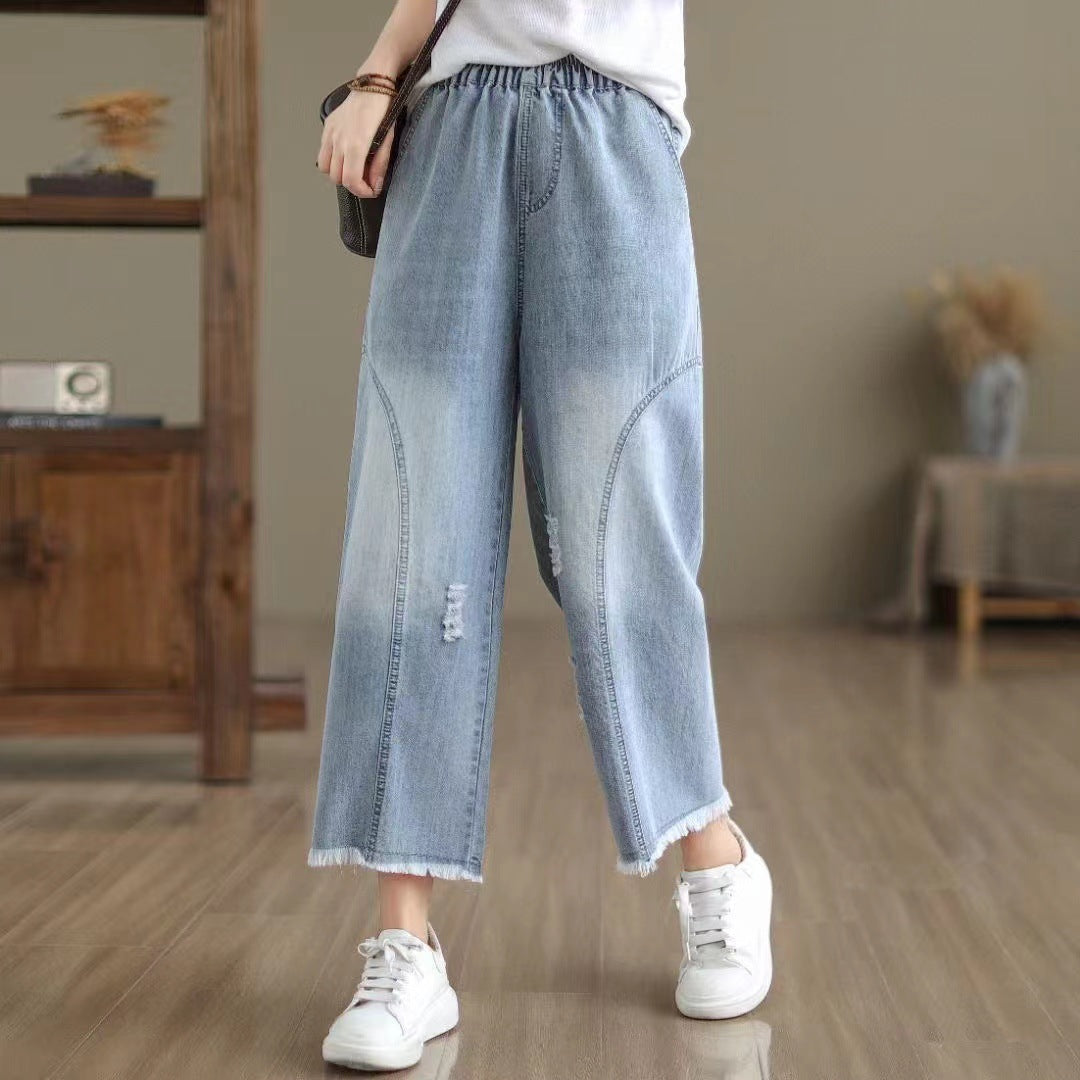 Women's Floral Embroidered Elastic Waist Jeans