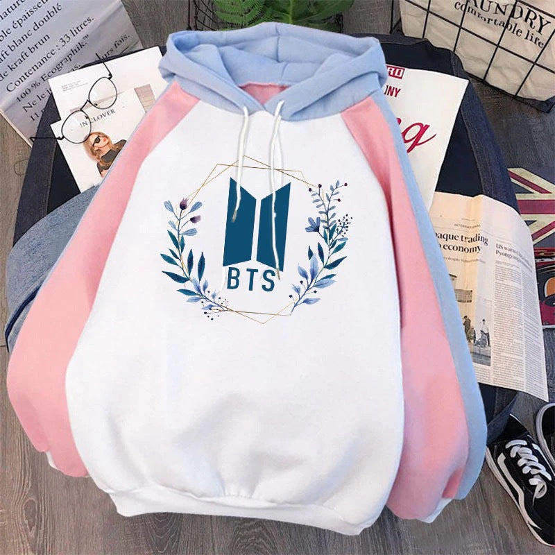 Cartoon Kpop Letter Print Color Block Hoodie