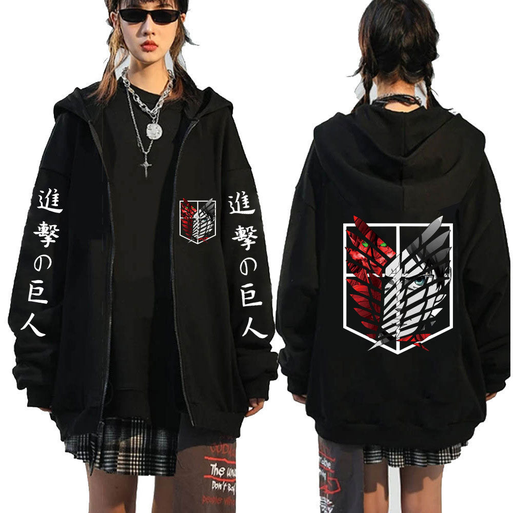 Unisex Anime Print Casual Black Zipper Hoodie