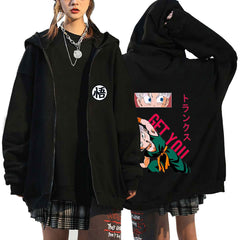 Versatile Anime Printed Zipper Black Hoodie