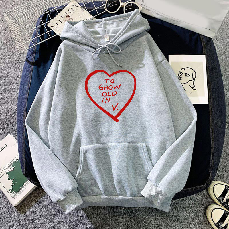 Casual TO GROW OLD IN V Printed Loose Hoodie