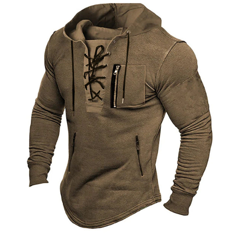 Men's Hooded Lace-up Zipper Pocket Sports Shirt