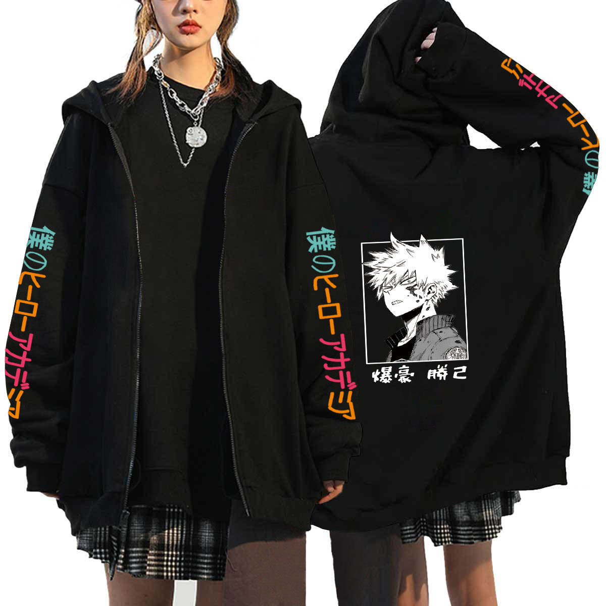 Unisex Trendy Anime Printed Black Zipper Hoodie