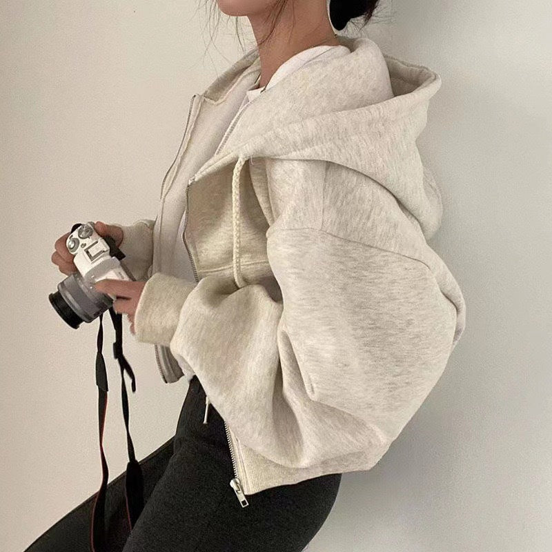 Versatile Slim Zipper Solid Color Crop Hoodie