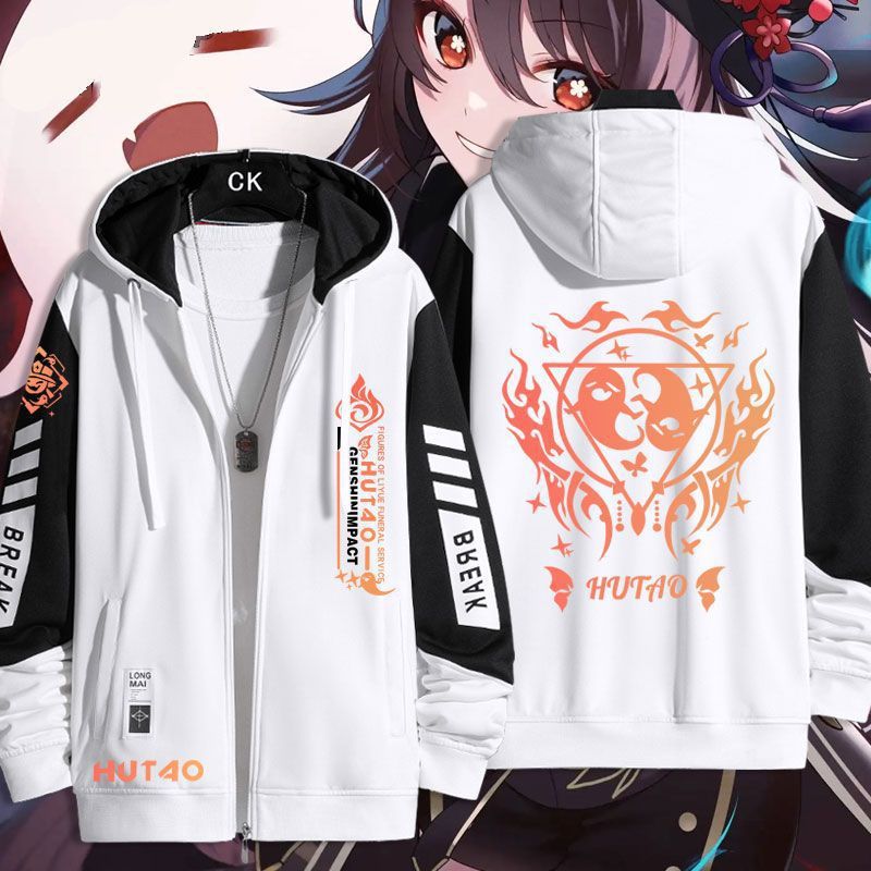 Unisex Casual Hutao Game Hooded Zip Up Coat