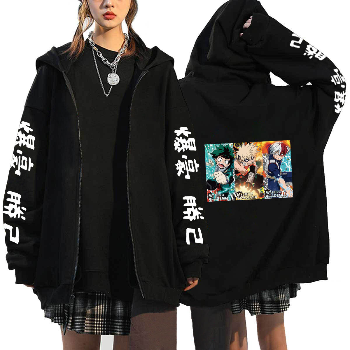 Unisex Anime Casual Black Zipper Hoodie