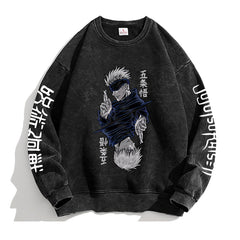 Vintage Washed Round Neck Anime Printed Sweatshirt