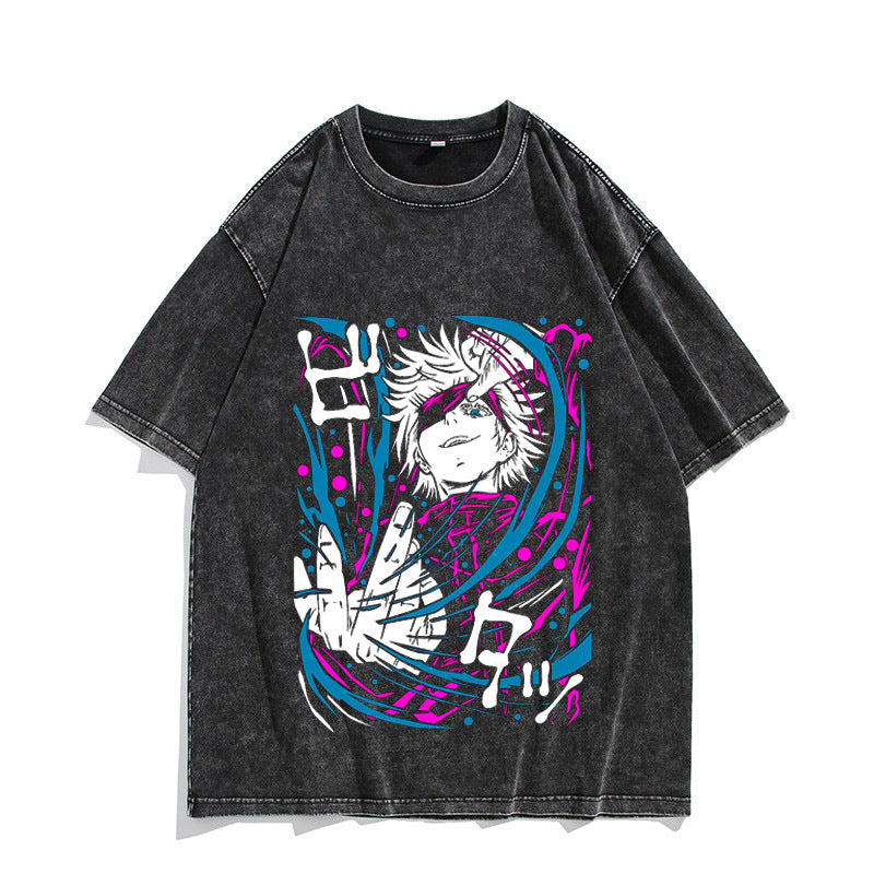 Unisex Washed Retro Loose Anime Graphic T-shirt