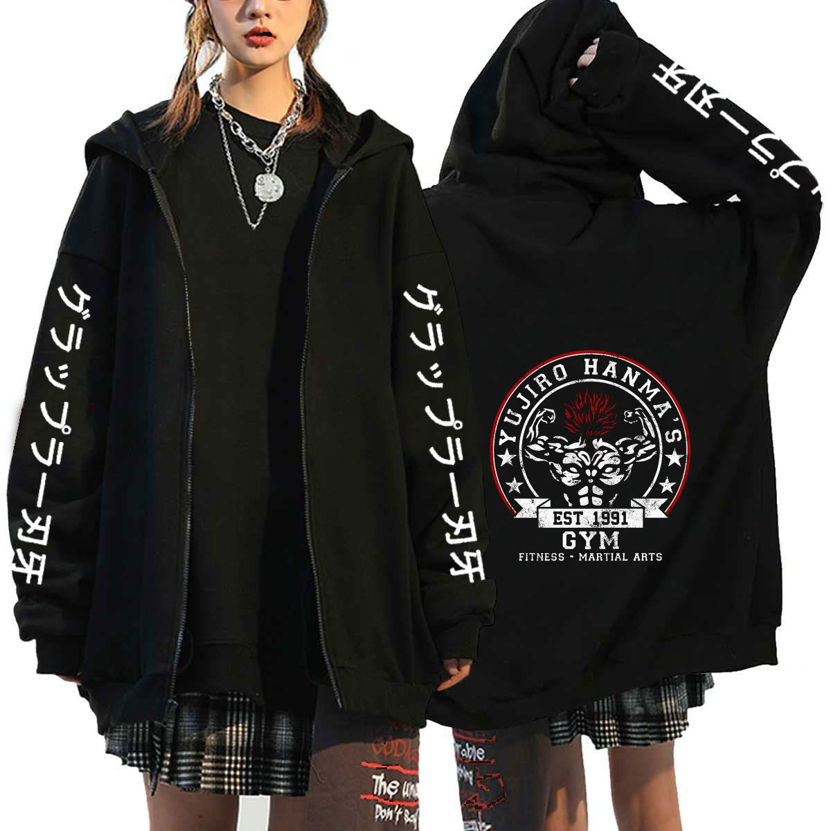 Unisex Anime Baki Print Zip Up Loose Hoodie