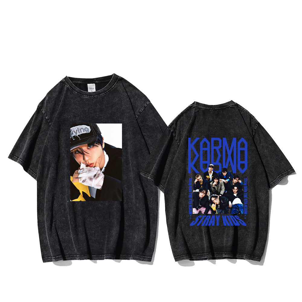 KPOP KARMA Character LOGO Printed Washed T-shirt