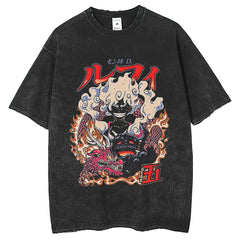 Retro Style Unisex Washed Anime Print T-shirt