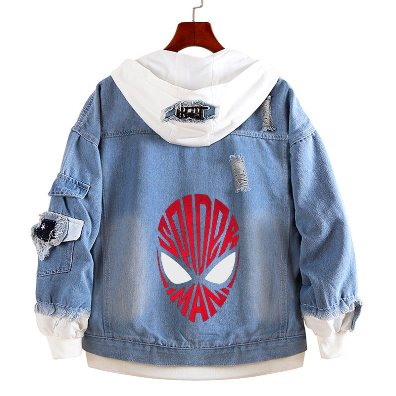 Unisex Comic Spider Fake Two Piece Hooded Denim Jacket