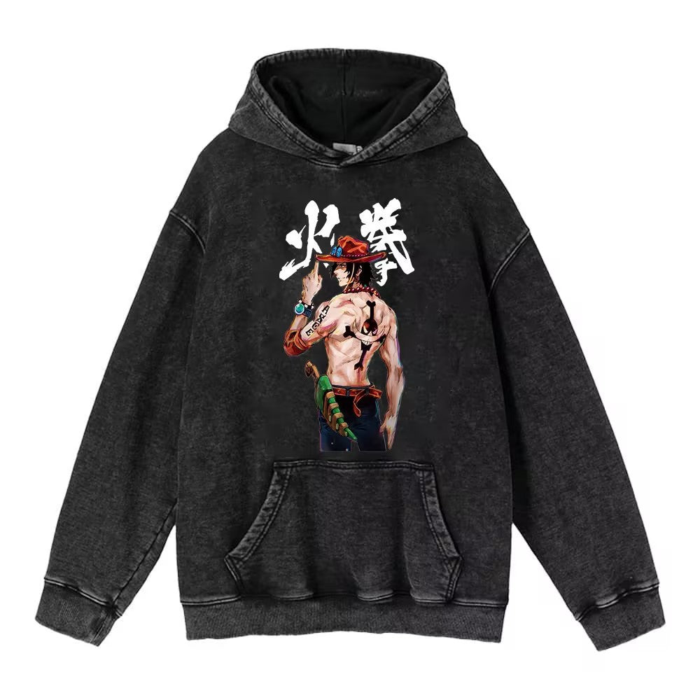 Retro Anime Printed Pullover Washed Hoodie