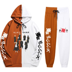 Men's Casual Anime Pattern Color Block Hoodie Sports Pants