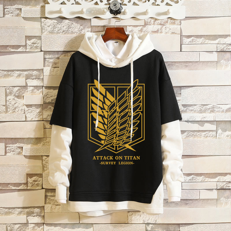 Unisex Anime Fake Two-piece Pullover Hoodie