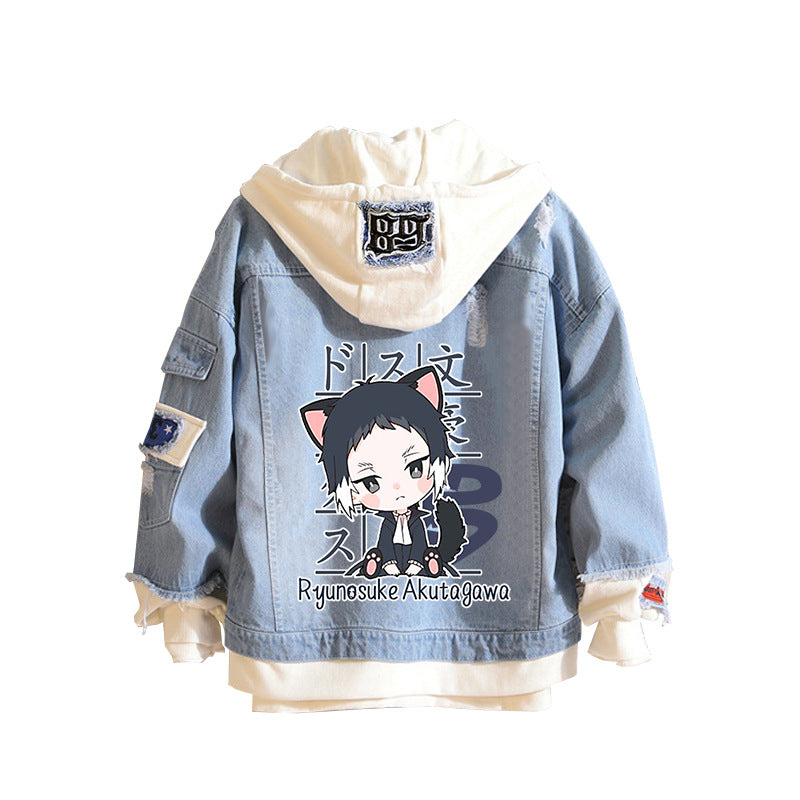 Casual Anime Print Hooded Denim Jacket