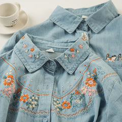 Women's Washed Denim Embroidery Long-sleeved Shirt