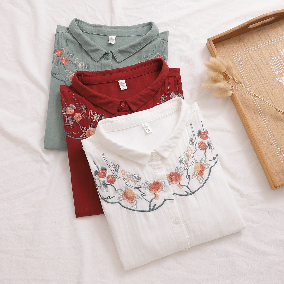Japanese Mori Flower Embroidered Cotton Shirt