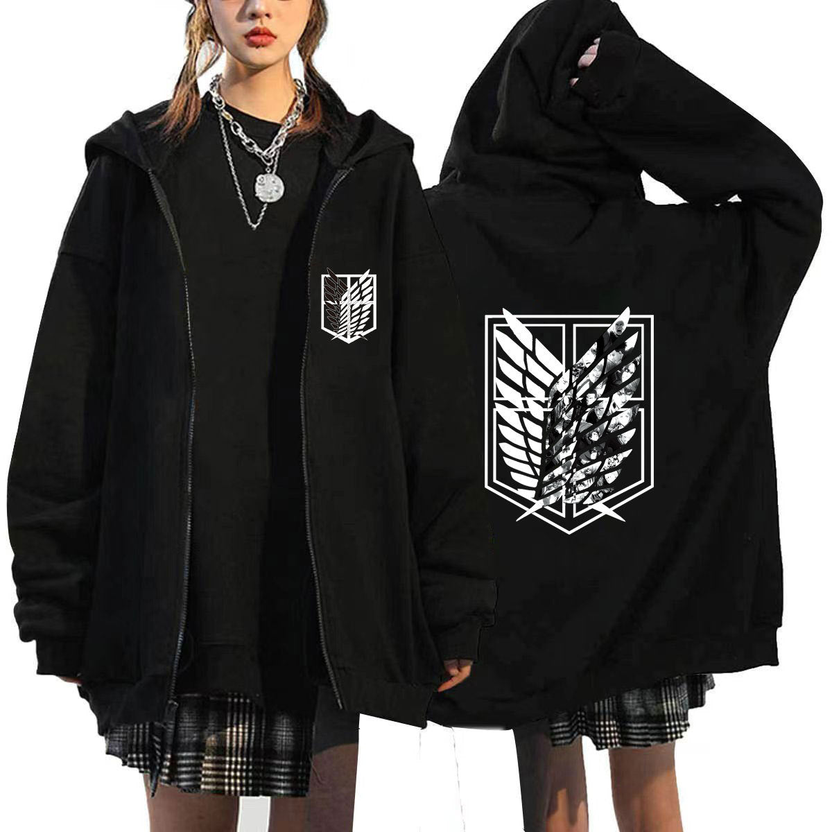 Unisex Anime Print Casual Black Zipper Hoodie