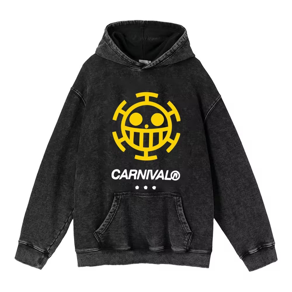 Retro Anime Printed Pullover Washed Hoodie