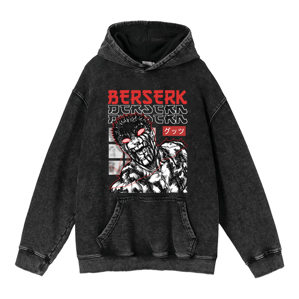 Retro Anime Washed Black Loose Hoodie