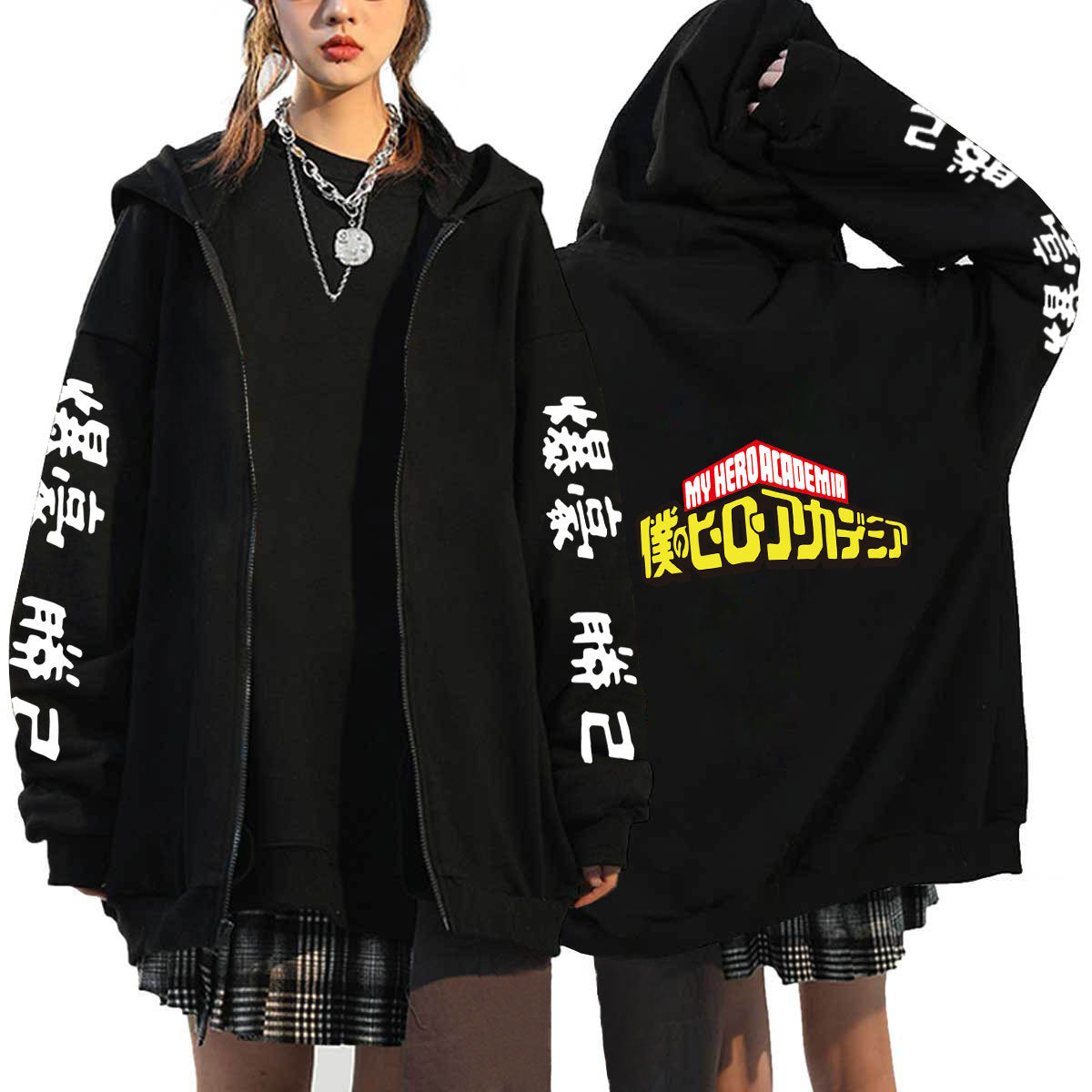 Unisex Anime Casual Black Zipper Hoodie