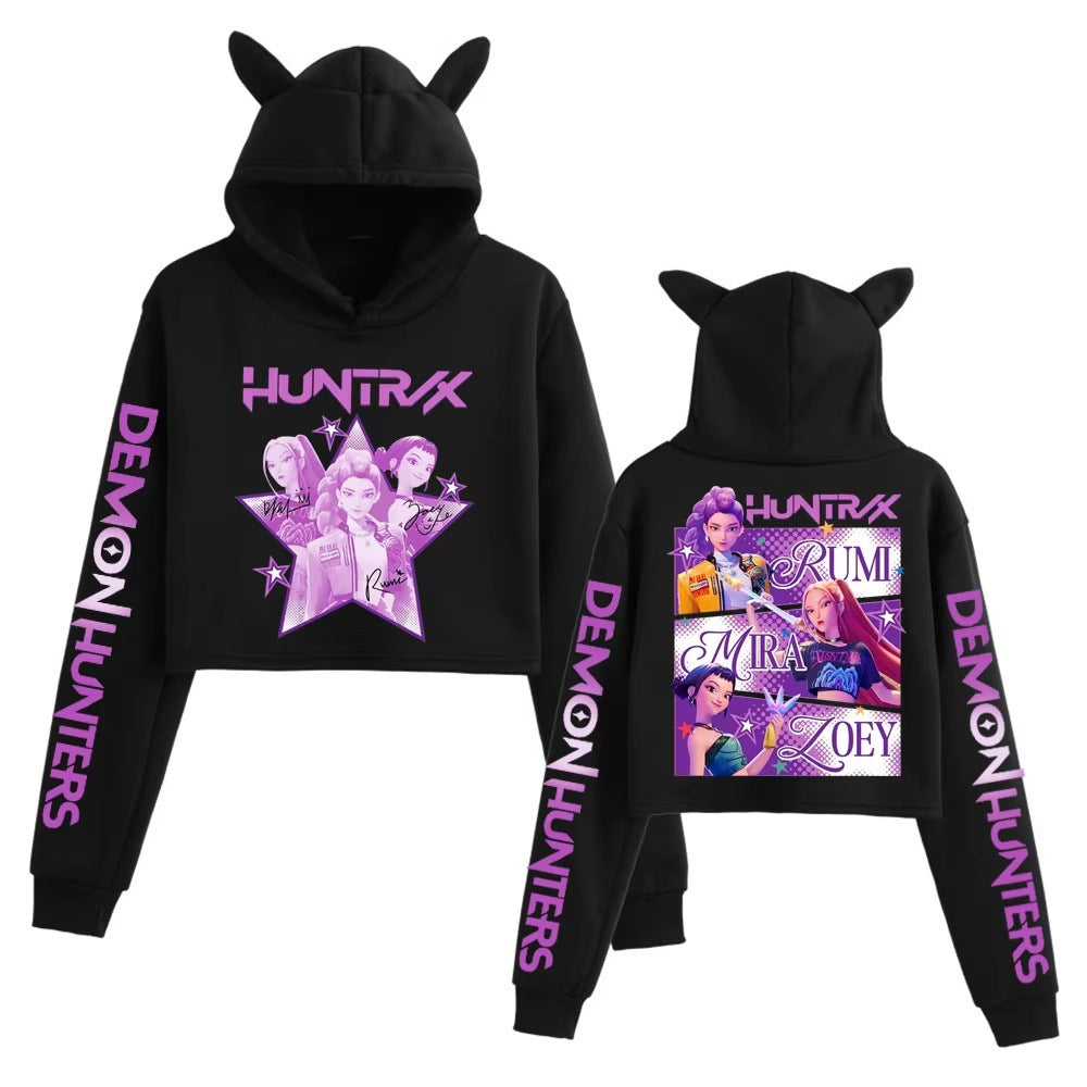 Trendy KPDH Print Cat Ears Crop Hoodie