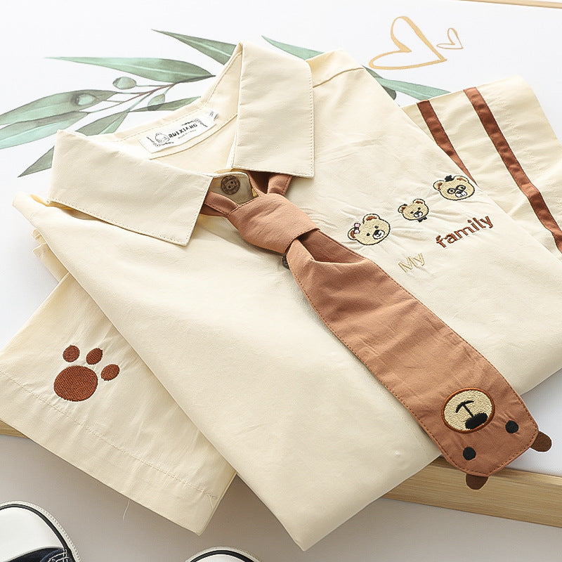 Japanese Style Bear Embroidered Loose Short-sleeved Shirt