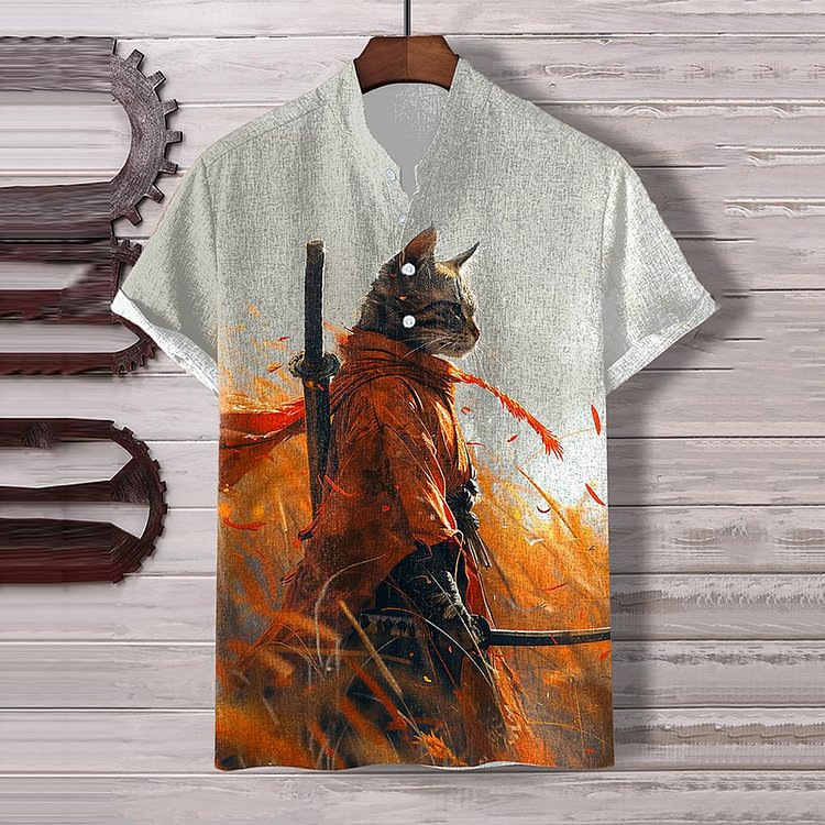 Men's Cat Digital Print Stand-up Collar Shirt