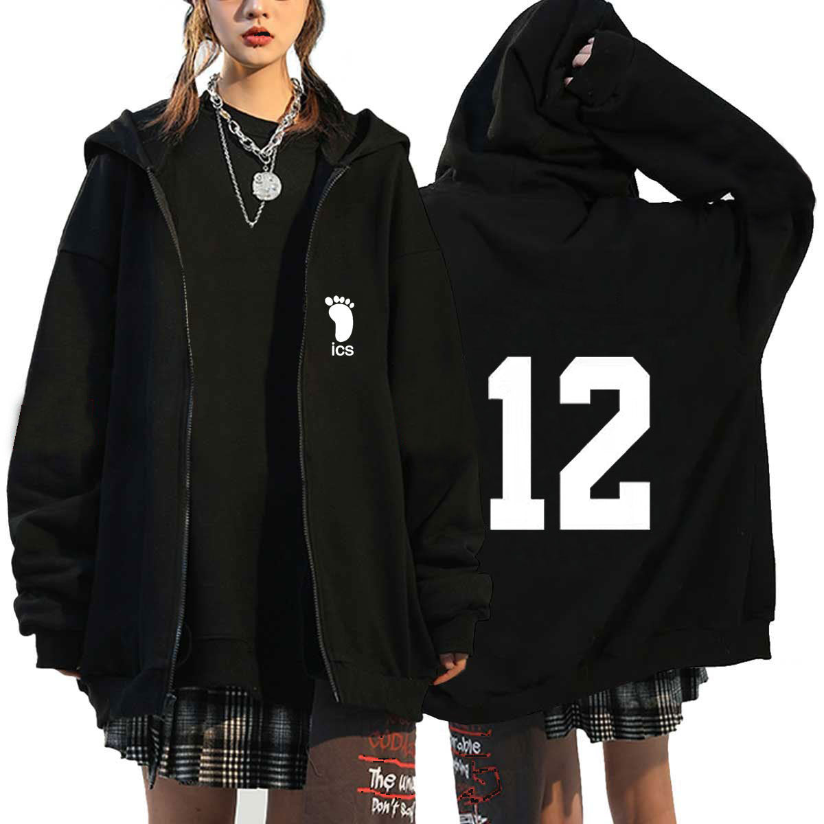 Unisex Anime Letter Print Zipper Black Hoodie