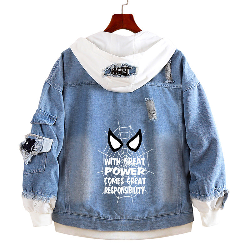 Unisex Comic Spider Fake Two Piece Hooded Denim Jacket