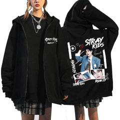 SKZ Run It Printed Zip-up Black Hoodie