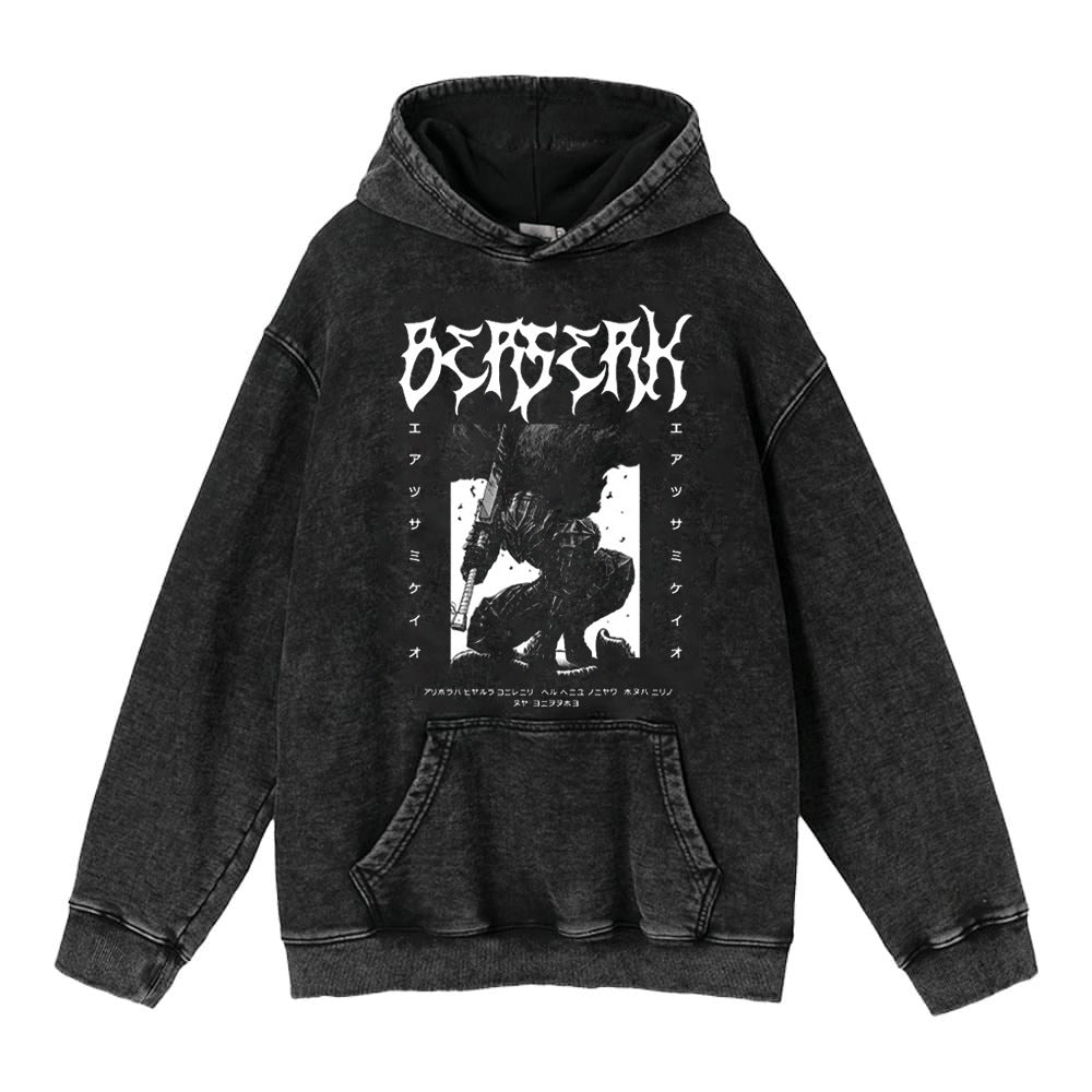 Retro Anime Washed Black Loose Hoodie