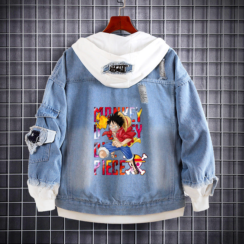 Unisex Luffy Graphic Print Hooded Denim Jacket