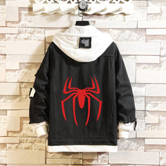 Unisex Spider Graphic Print Hooded Denim Jacket