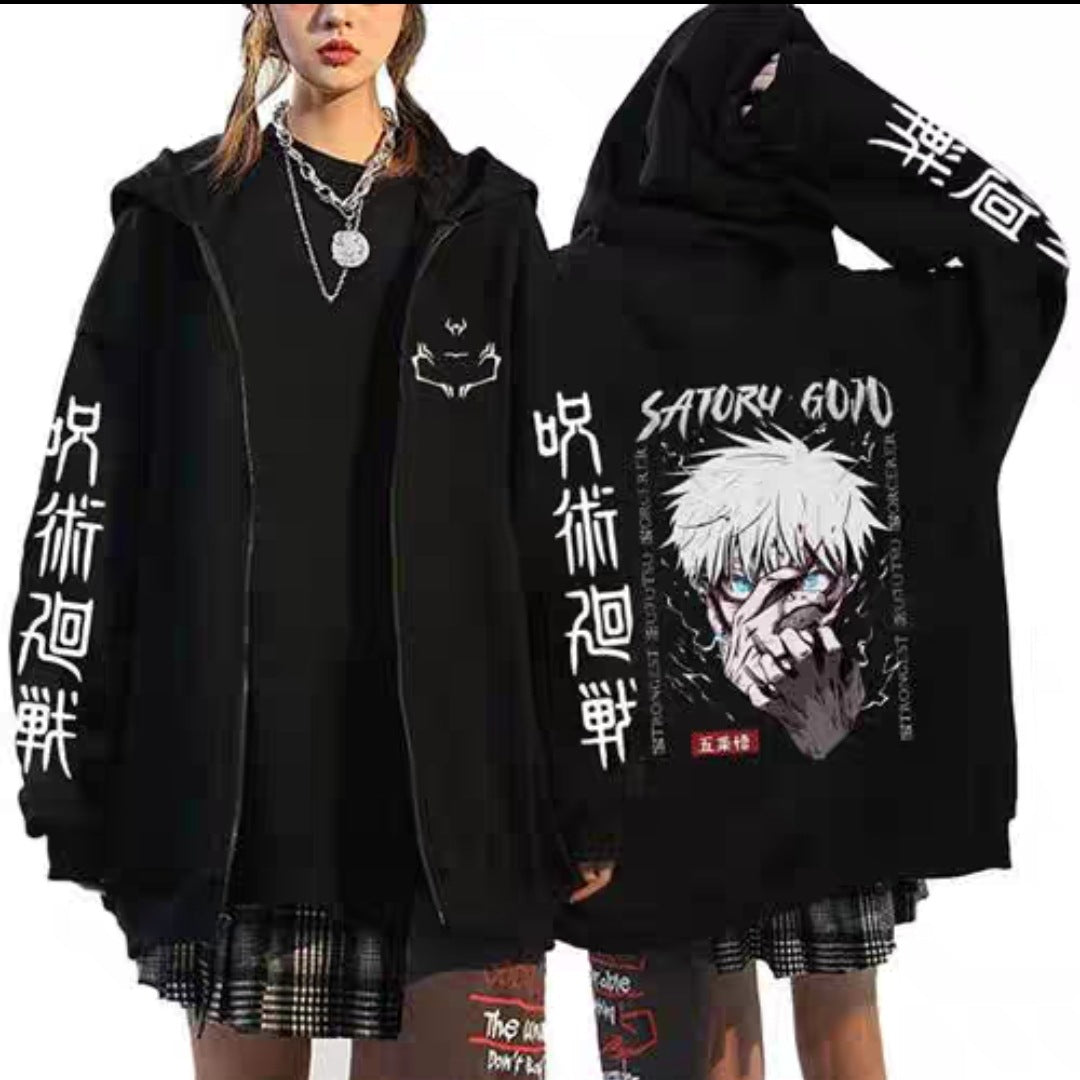 Unisex Trendy Anime Gojo Print Zip Up Hoodie