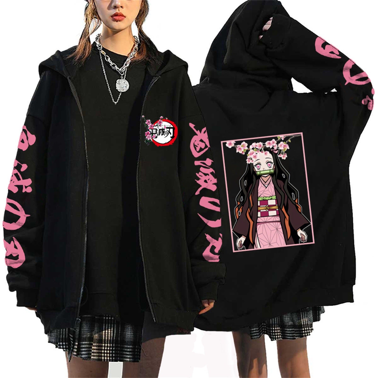 Unisex Anime Printed Black Zipper Hoodie