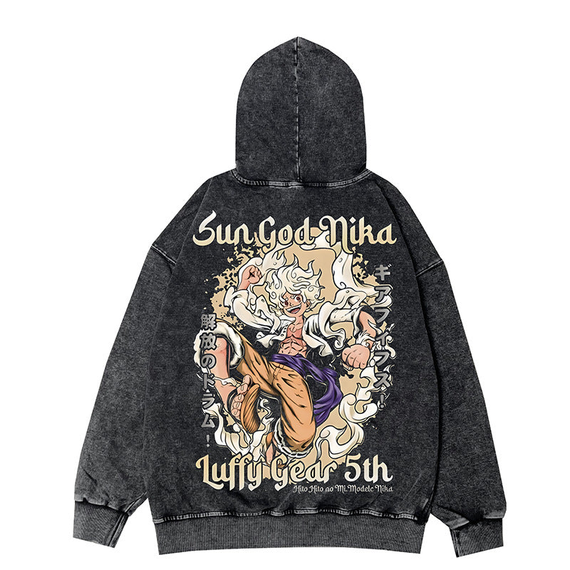 Retro Luffy Anime Zipper Washed Hooded Jacket