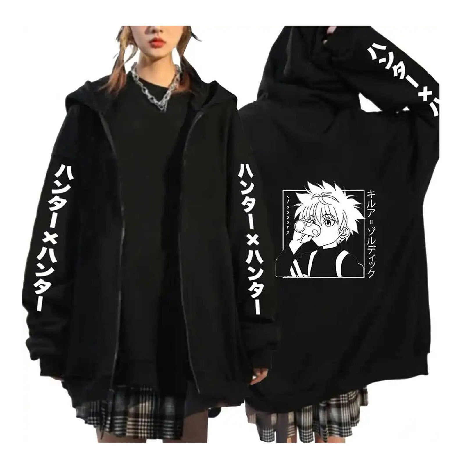 Unisex Anime Printed Black Zipper Hoodie