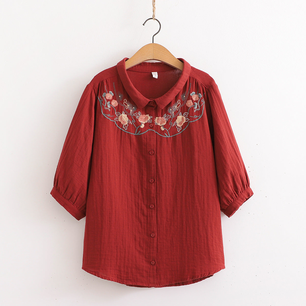 Japanese Mori Flower Embroidered Cotton Shirt