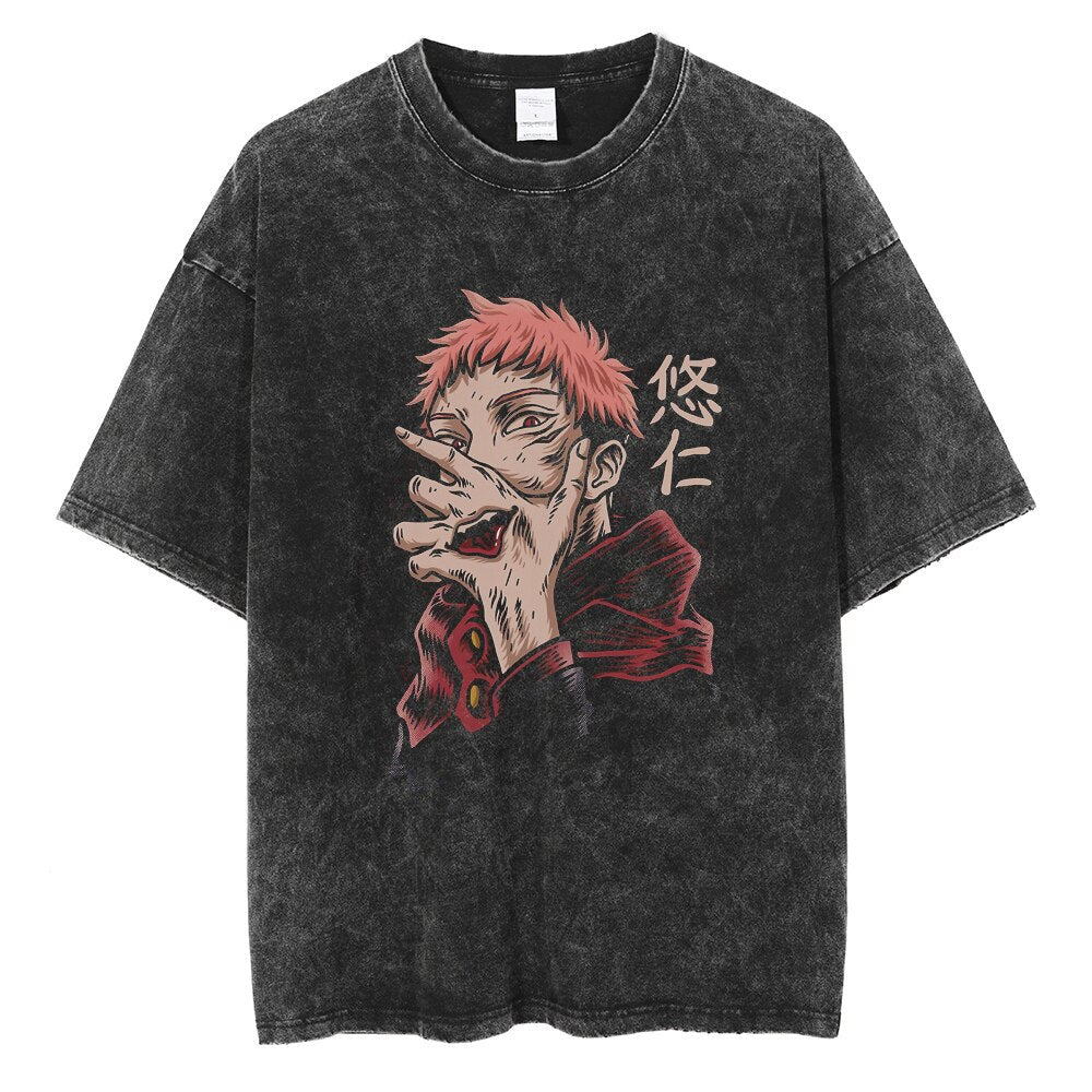 Casual Retro Washed Anime Graphic T-shirt