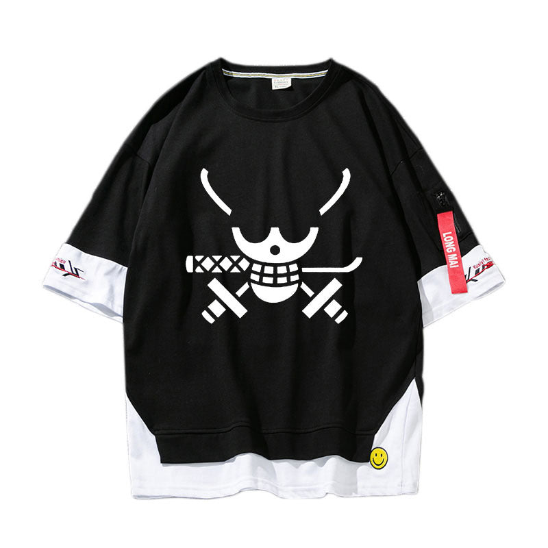 Trendy Anime Luffy Fake Two Piece Short-sleeved T-shirt