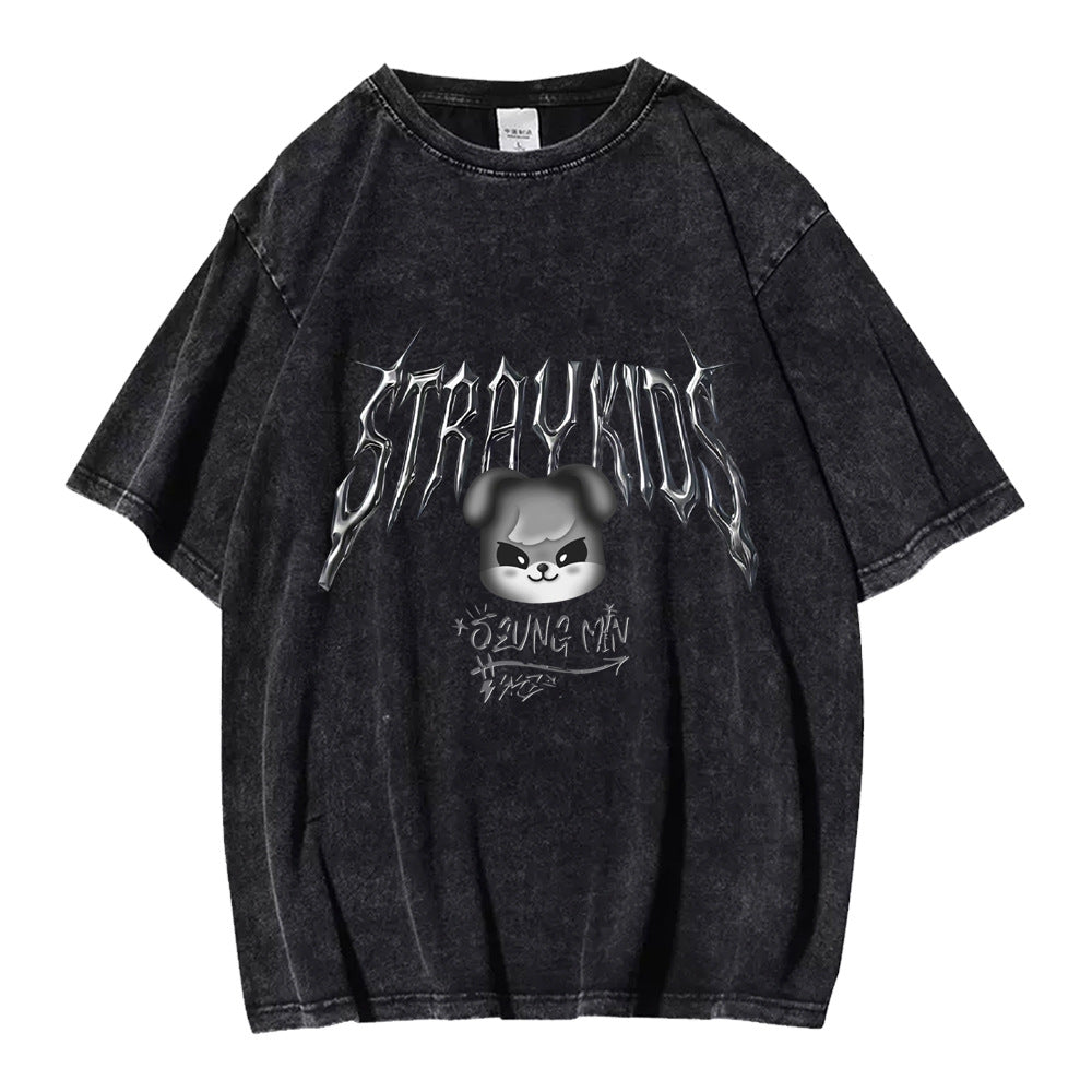 Evil KPOP Cartoon Skz Print Washed T-shirt