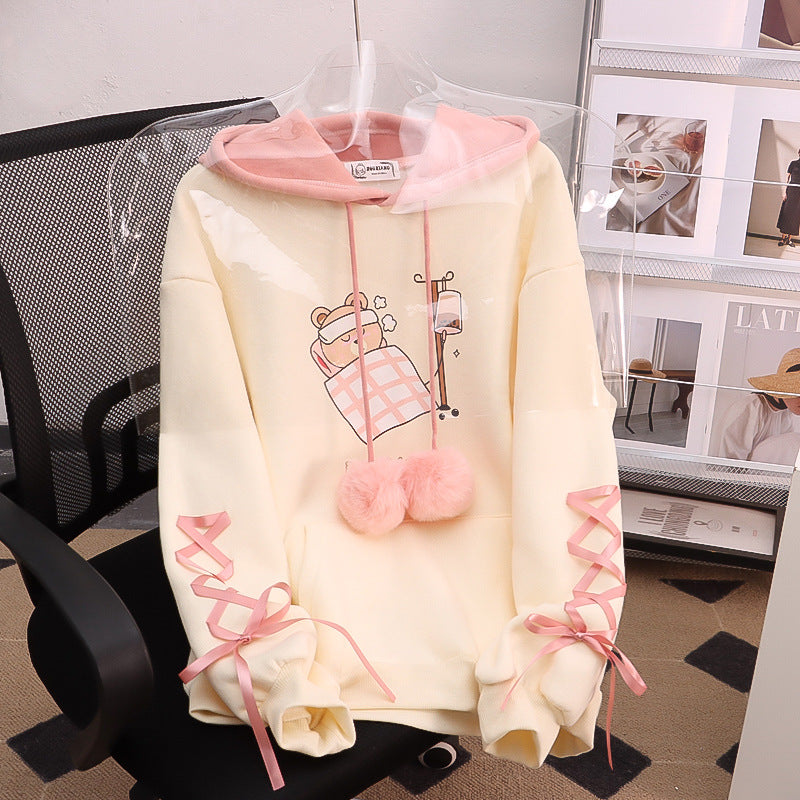 Japanese Style Cartoon Bear Print Lace Up Thickened Hoodie