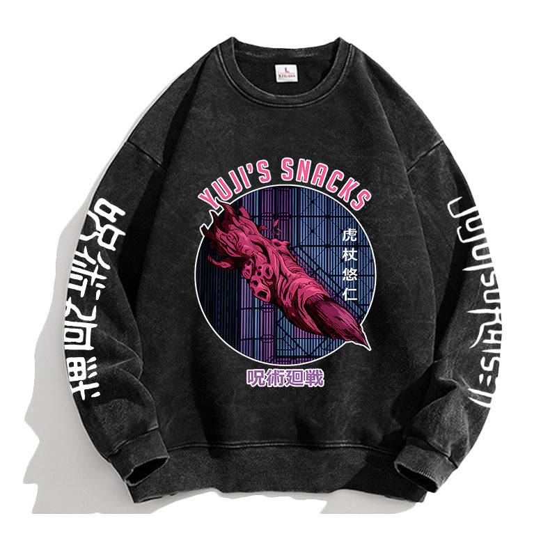 Vintage Washed Round Neck Anime Printed Sweatshirt