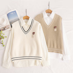 Women's Bear Embroidered Knitted Sweater Shirt Set