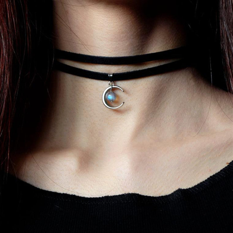 Gothic Witch Moon Stone Velvet Choker Necklace