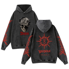 Men's Retro Anime Washed Black Loose Hoodie